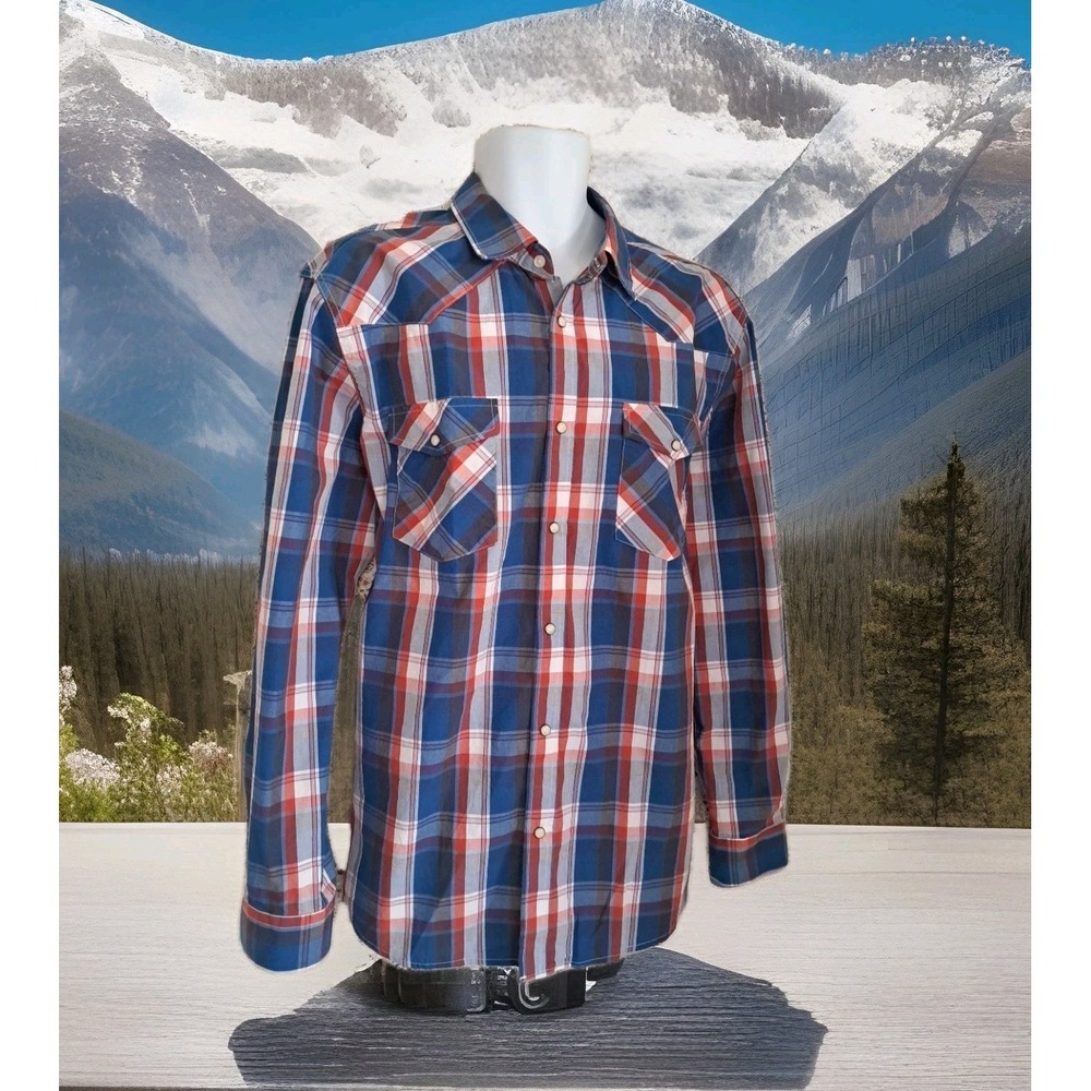 Double Pump Western Shirt XL Blue/Red Plaid Long Sleeve Pearl Snap Pockets